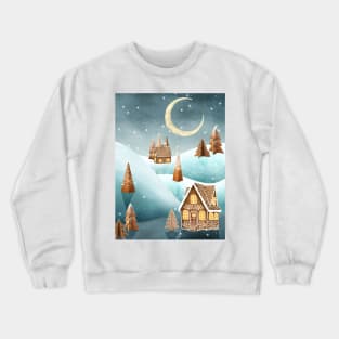 Gingerbread houses and trees on snow landscape. Winter candy world watercolor illustration. Sweets world fantasy decorations Crewneck Sweatshirt